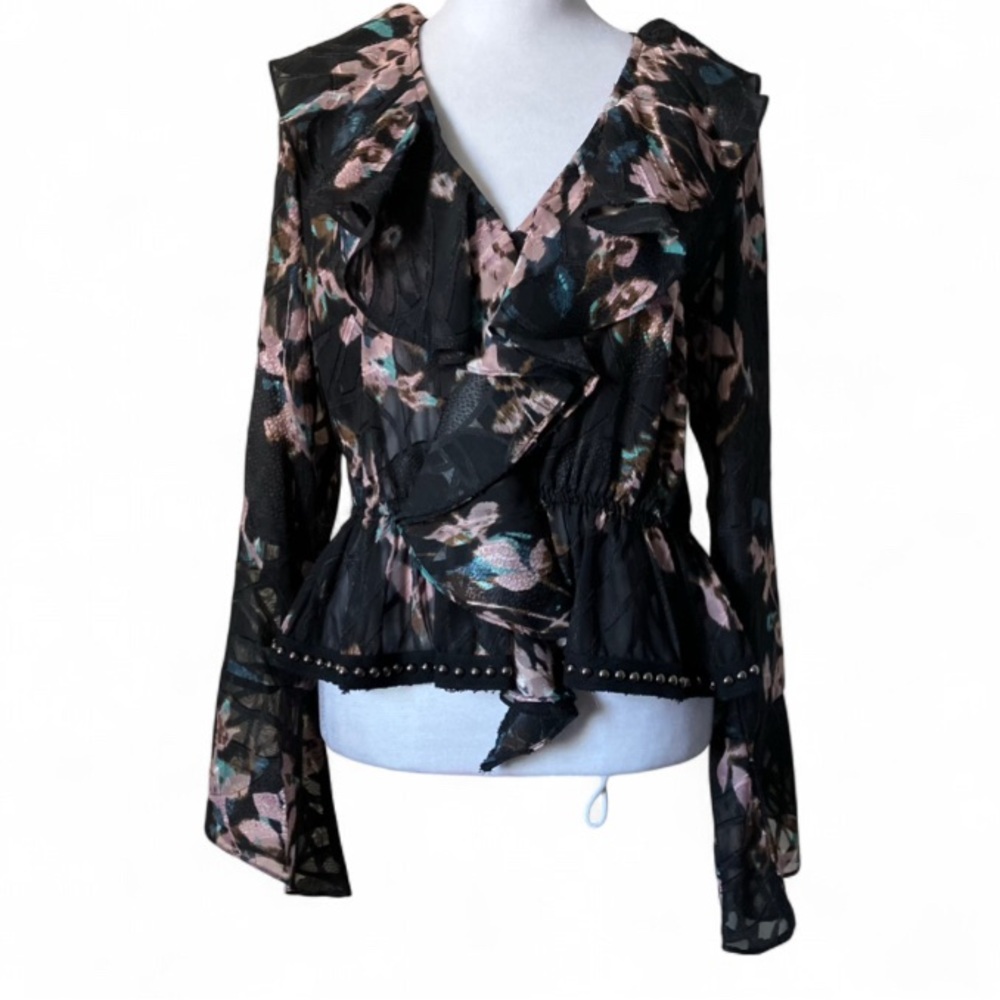 Alberto Makali Black Sheer Long Bell Sleeves Floral V Neck Blouse size Medium - Picture 2 of 10